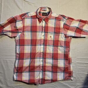 Pleats Shirt Mens Large Multicolor Plaid Button Down Made in USA Casual Cotton